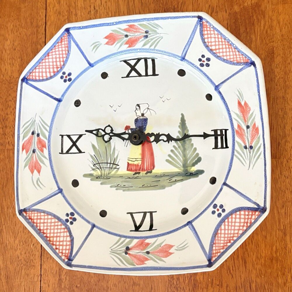 Henriot Quimper Pottery Clock Octagon Plate Mistral Blue Breton Woman Works 9"